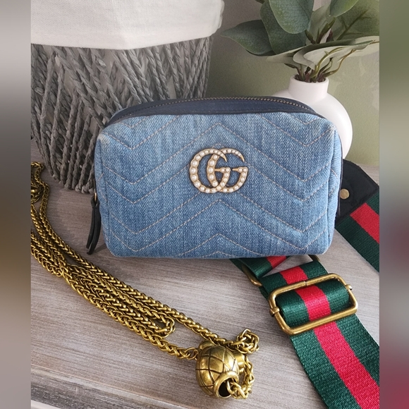 Gucci Marmont Denim Pouch Crossbody Bag Pearl GG Logo - Picture 2 of 13